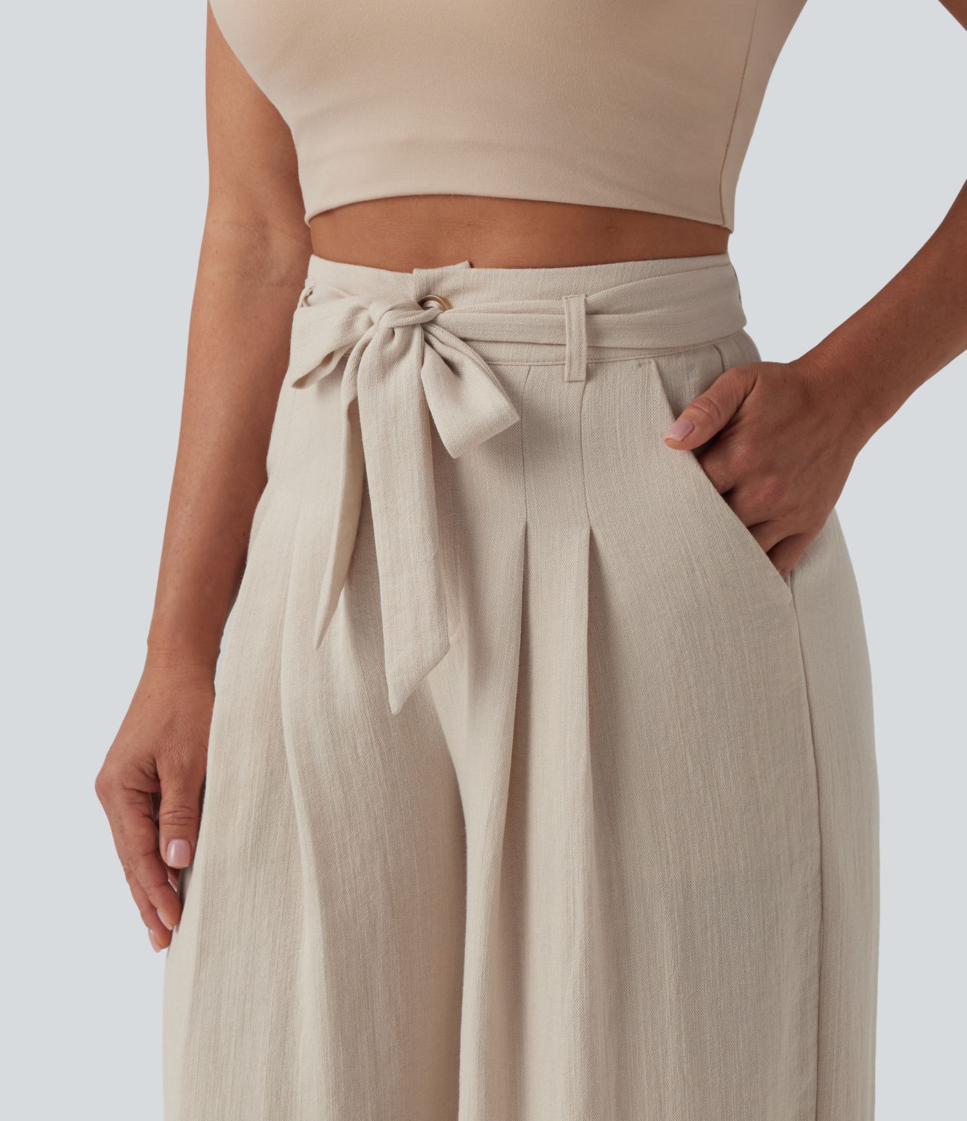 High Waisted Belted Linen-Feel Casual Baggy Pants with Pockets