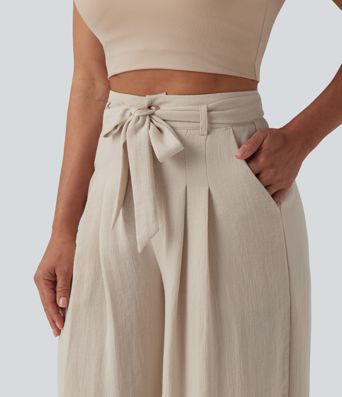 High Waisted Belted Linen-Feel Casual Baggy Pants with Pockets