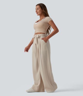 High Waisted Belted Linen-Feel Casual Baggy Pants with Pockets