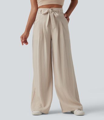 High Waisted Belted Linen-Feel Casual Baggy Pants with Pockets