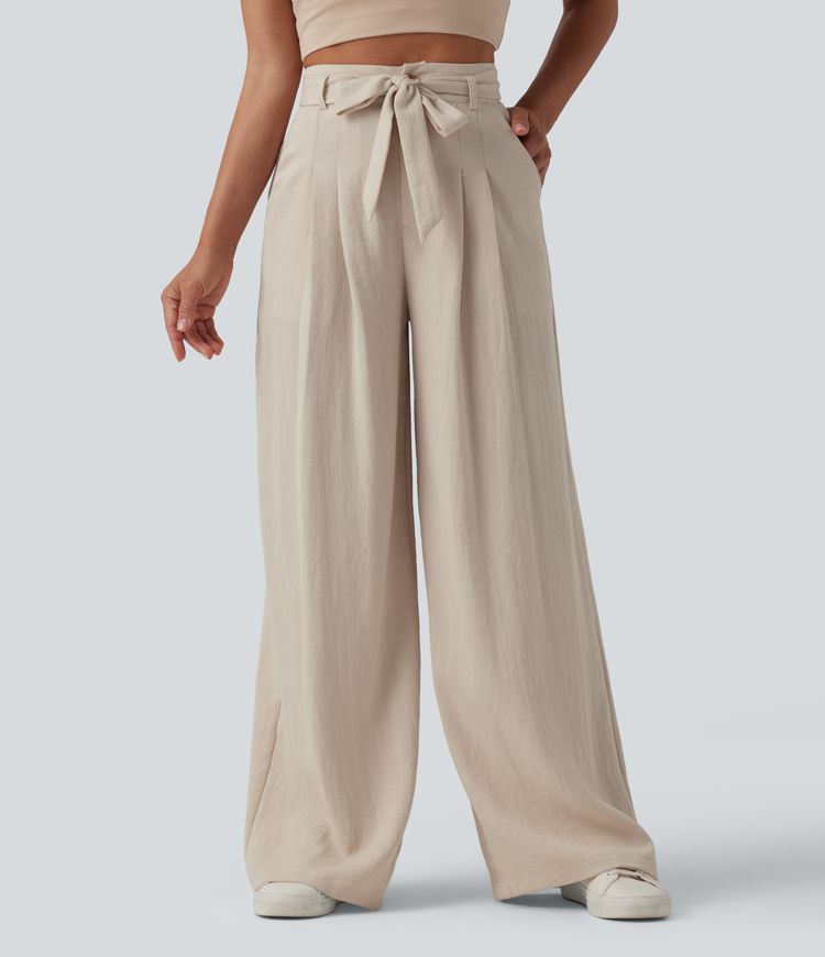 High Waisted Belted Linen-Feel Casual Baggy Pants with Pockets