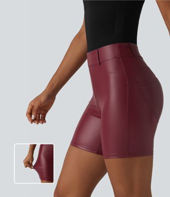 High Waisted Stretchy PU Casual Biker Shorts 5'' with Pockets