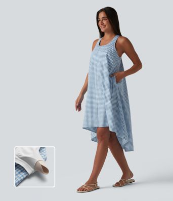 Backless Racerback High Low Built-in Bra Gingham Flowy Midi Resort Dress with Pockets