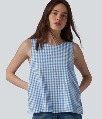 Round Neck Crinkle Gingham Casual Tank Top with Pockets