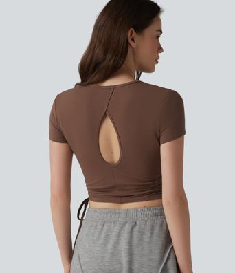 Halara Cotton Jersey - Lässiges, gerafftes T-Shirt mit Rundhalsausschnitt, Kordelzug und Schlüssellochrücken