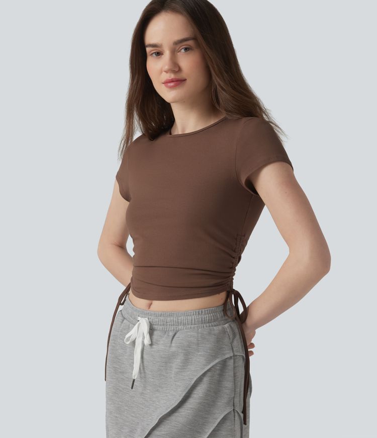 Halara Cotton Jersey - Lässiges, gerafftes T-Shirt mit Rundhalsausschnitt, Kordelzug und Schlüssellochrücken