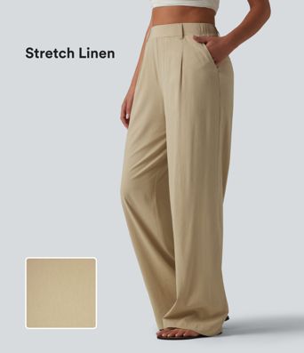 Casual trousers made of stretchy linen with a high waist, side pockets and a straight leg