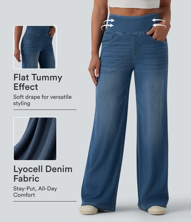 Halara Flex™ High Waisted Tummy Control Wide Leg Draped Lyocell Washed Casual Jeans with Pockets