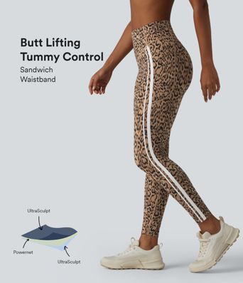 Halara UltraSculpt™ Leopard Print High Waisted Tummy Control Butt Lifting Color Block Stripes Training 7/8 Leggings with Pockets
