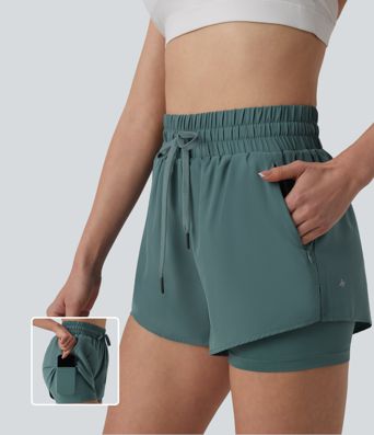 High Waisted Drawstring 2-in-1 Running Shorts with Pockets