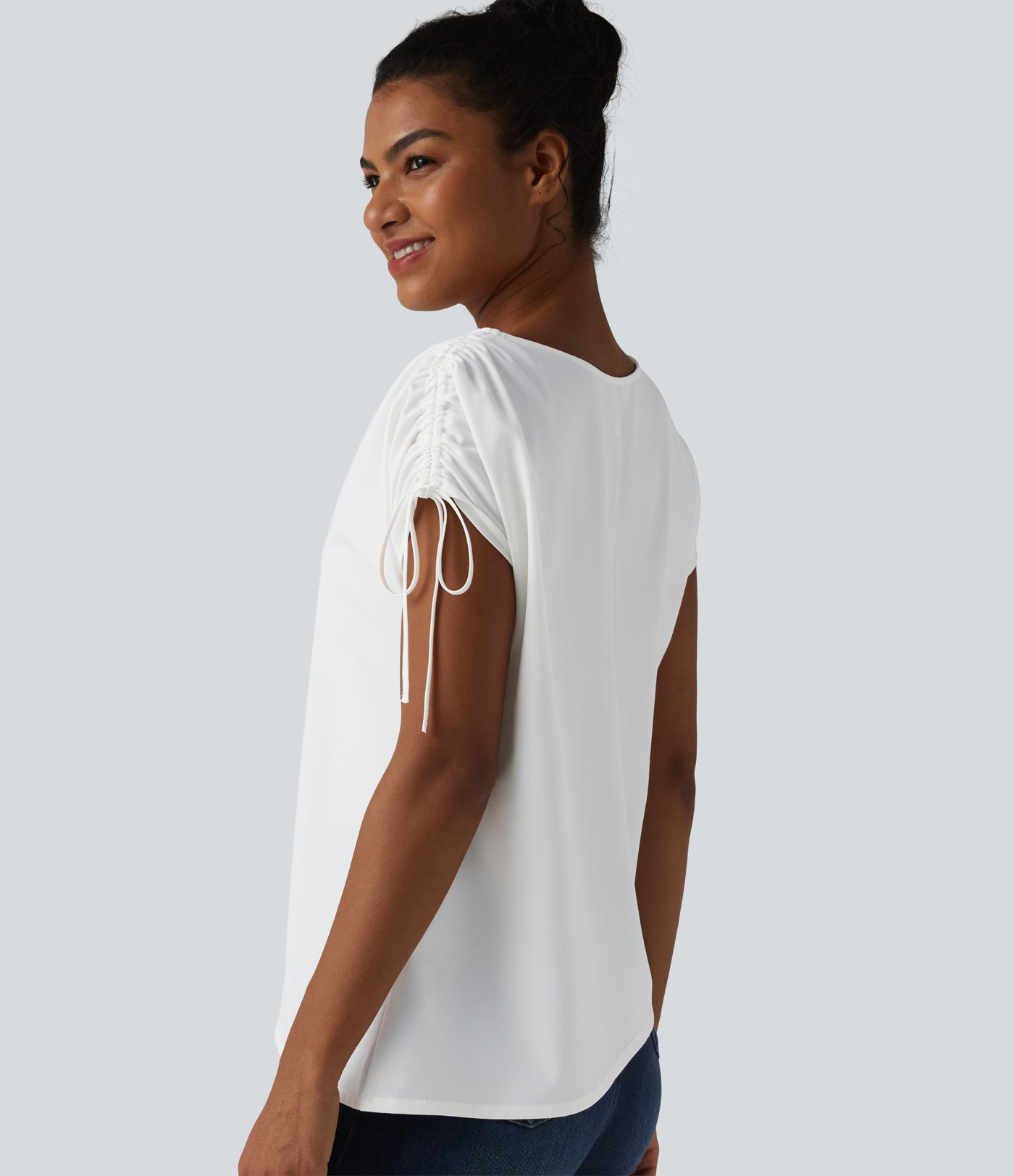 Wrinkle-resistant Boat Neck Drawstring Asymmetric Hem Work Chiffon T-Shirt