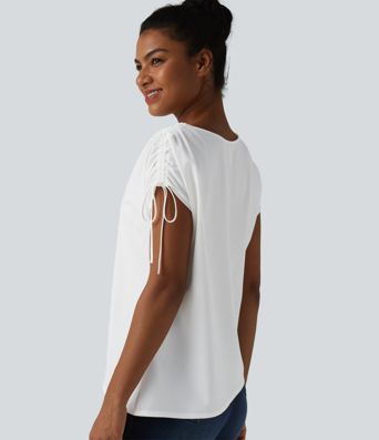 Wrinkle-resistant Boat Neck Drawstring Asymmetric Hem Work Chiffon T-Shirt