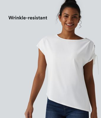 Wrinkle-resistant Boat Neck Drawstring Asymmetric Hem Work Chiffon T-Shirt