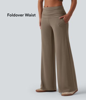 Ribbed Knit Foldover Super High Waisted Baggy Casual Trousers with Pockets