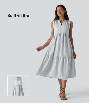 V Neck Built-in Bra Sleeveless Stripe Midi Dress