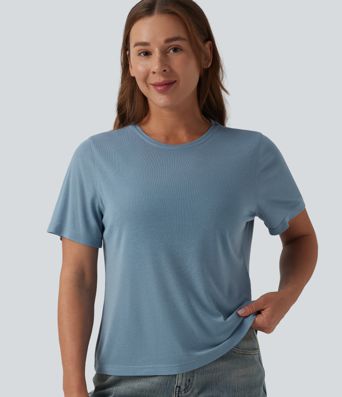 Round Neck Short Sleeve Relaxed Casual Wool-Blend T-Shirt
