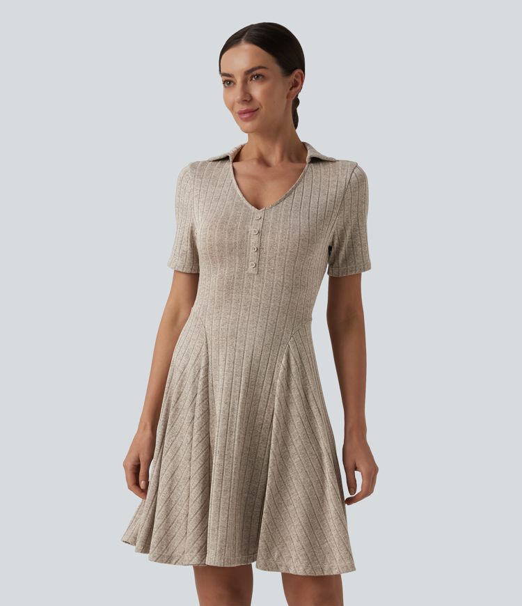 Ribbed Knit V-neck Short Sleeve Flare Mini Casual Dress