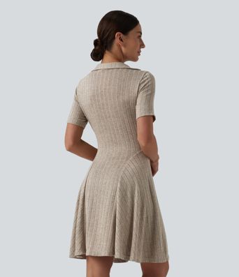 Ribbed Knit V-neck Short Sleeve Flare Mini Casual Dress