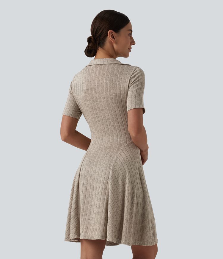 Ribbed Knit V-neck Short Sleeve Flare Mini Casual Dress