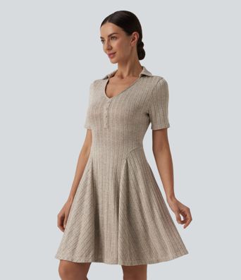 Ribbed Knit V-neck Short Sleeve Flare Mini Casual Dress