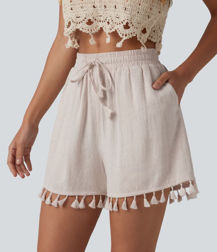 High Waisted Drawstring Fringe hem Resort Linen-Blend Baggy Shorts with Pockets
