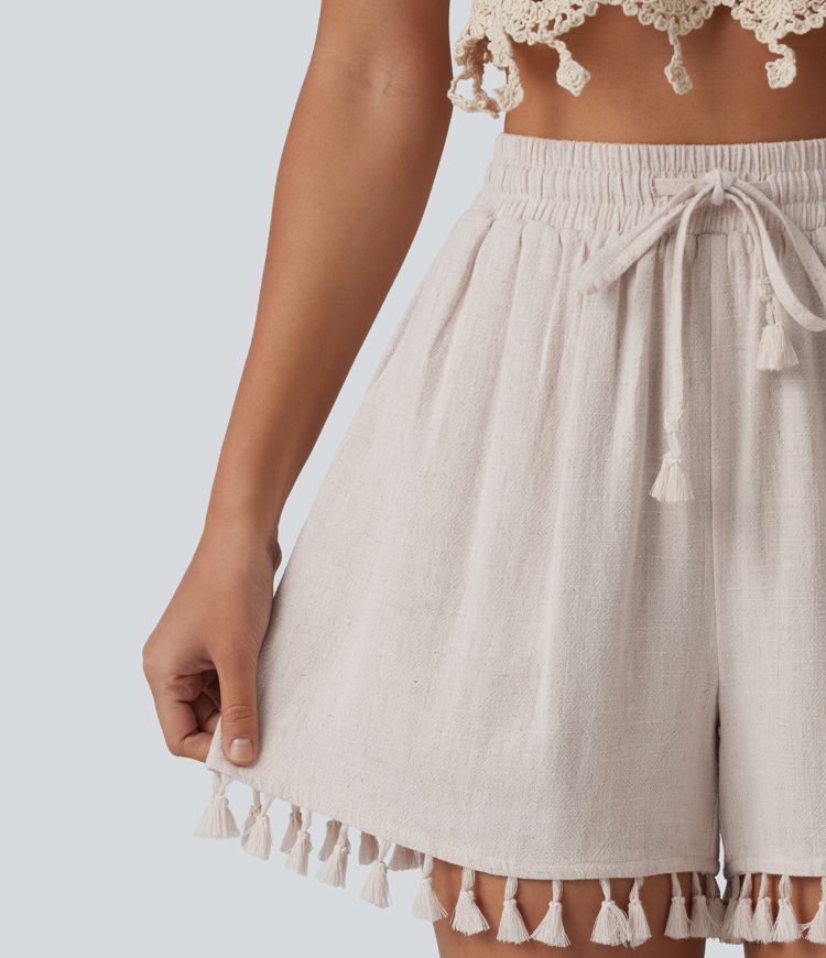 High Waisted Drawstring Fringe hem Resort Linen-Blend Baggy Shorts with Pockets
