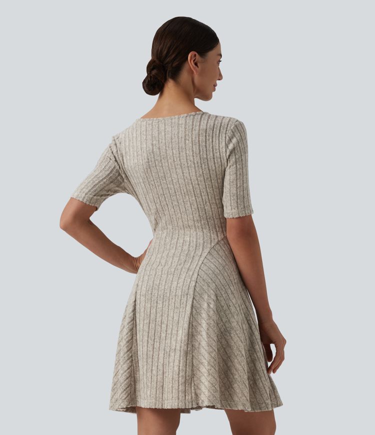 Ribbed Knit V Neck Short Sleeve Flare Mini Casual Dress with Pockets