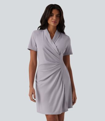 Shawl Collar Short Sleeve Mini Work Dress