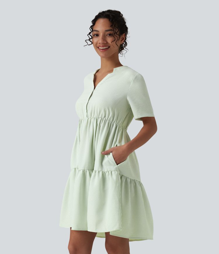 V Neck Short Sleeve Tiered Stripe Mini Casual Shirt Dress