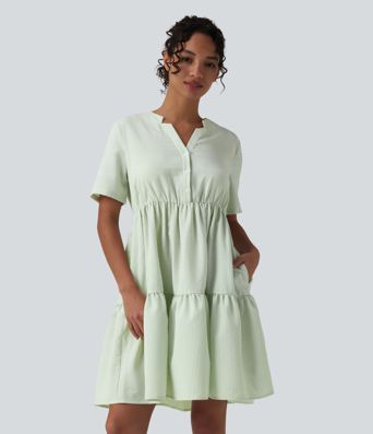 V Neck Short Sleeve Tiered Stripe Mini Casual Shirt Dress