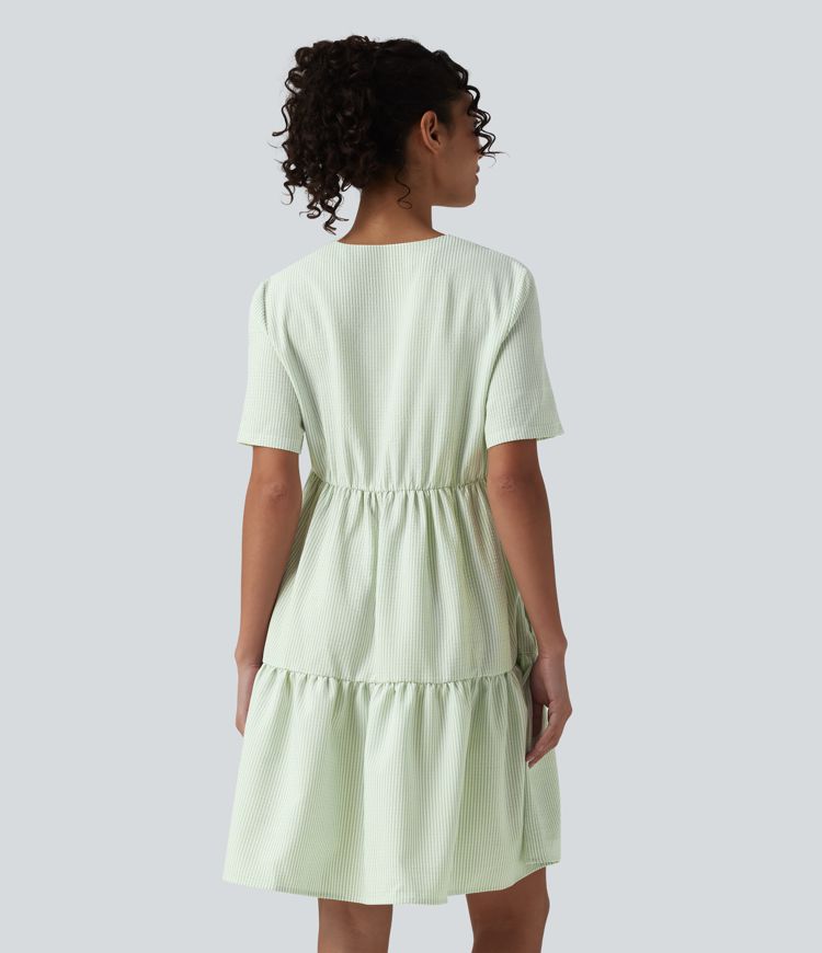 V Neck Short Sleeve Tiered Stripe Mini Casual Shirt Dress