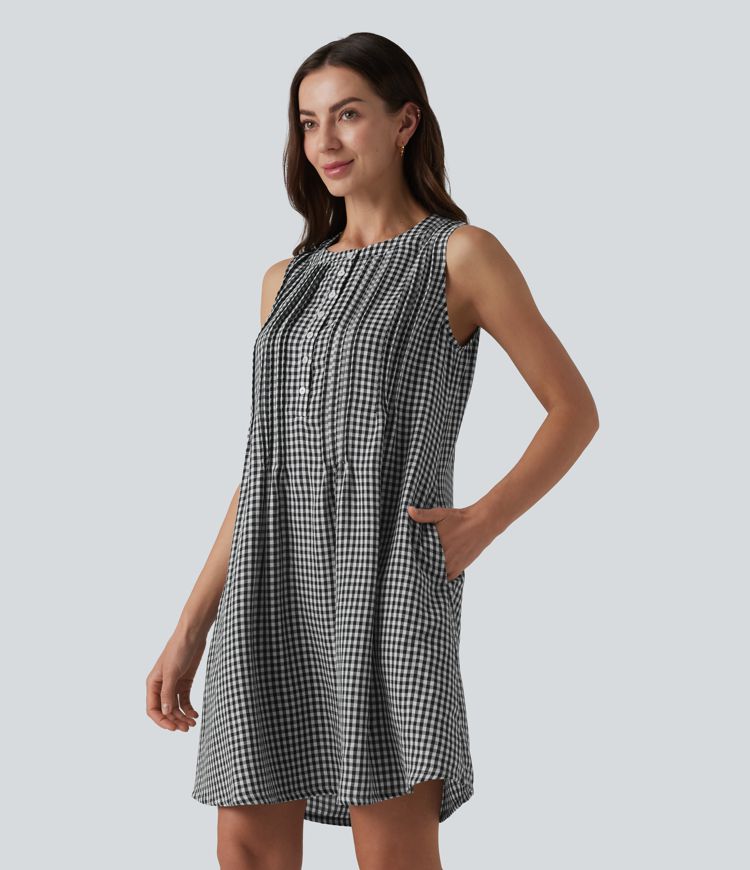 Lässiges, ärmelloses Minikleid in Leinenoptik mit Rundhalsausschnitt, Seitentaschen und Karomuster