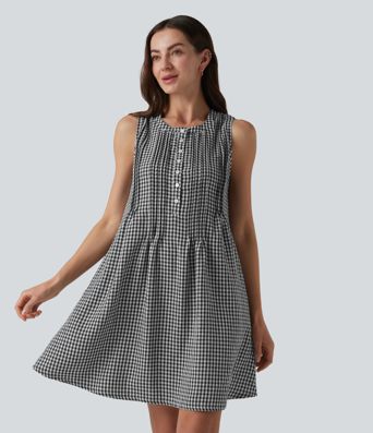 Lässiges, ärmelloses Minikleid in Leinenoptik mit Rundhalsausschnitt, Seitentaschen und Karomuster