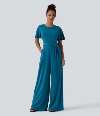 Round Neck Short Sleeve Tie Front Wide Leg Jumpsuit with Pockets-Easy Peezy Edition