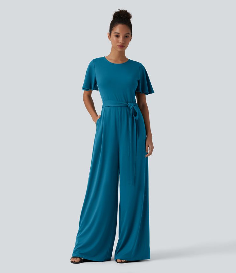 Round Neck Short Sleeve Tie Front Wide Leg Jumpsuit with Pockets-Easy Peezy Edition