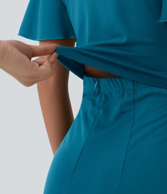 Round Neck Short Sleeve Tie Front Wide Leg Jumpsuit with Pockets-Easy Peezy Edition