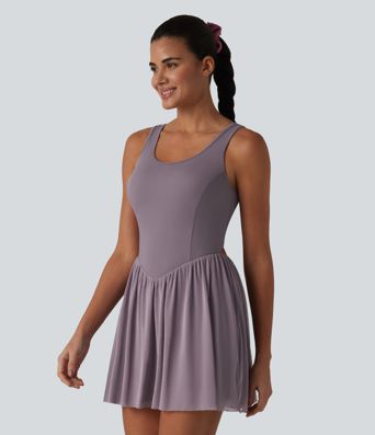 SoftlyZero™ Crisscross Backless Contrast Mesh 2-in-1 Built-in Bra Flowy Mini Tennis Active Dress with Pockets-Easy Peezy