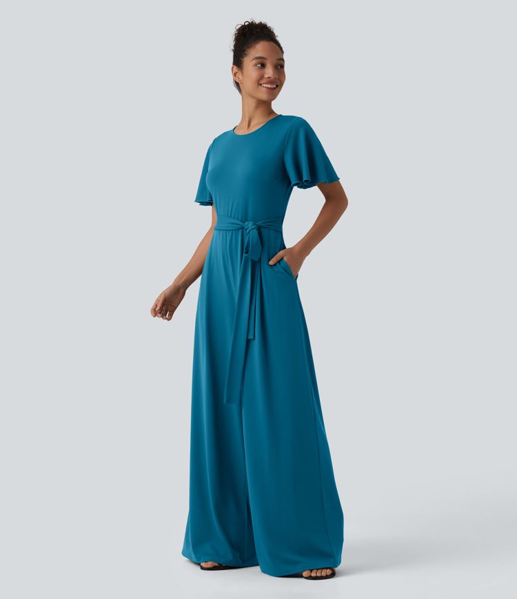 Round Neck Short Sleeve Tie Front Wide Leg Jumpsuit with Pockets-Easy Peezy Edition