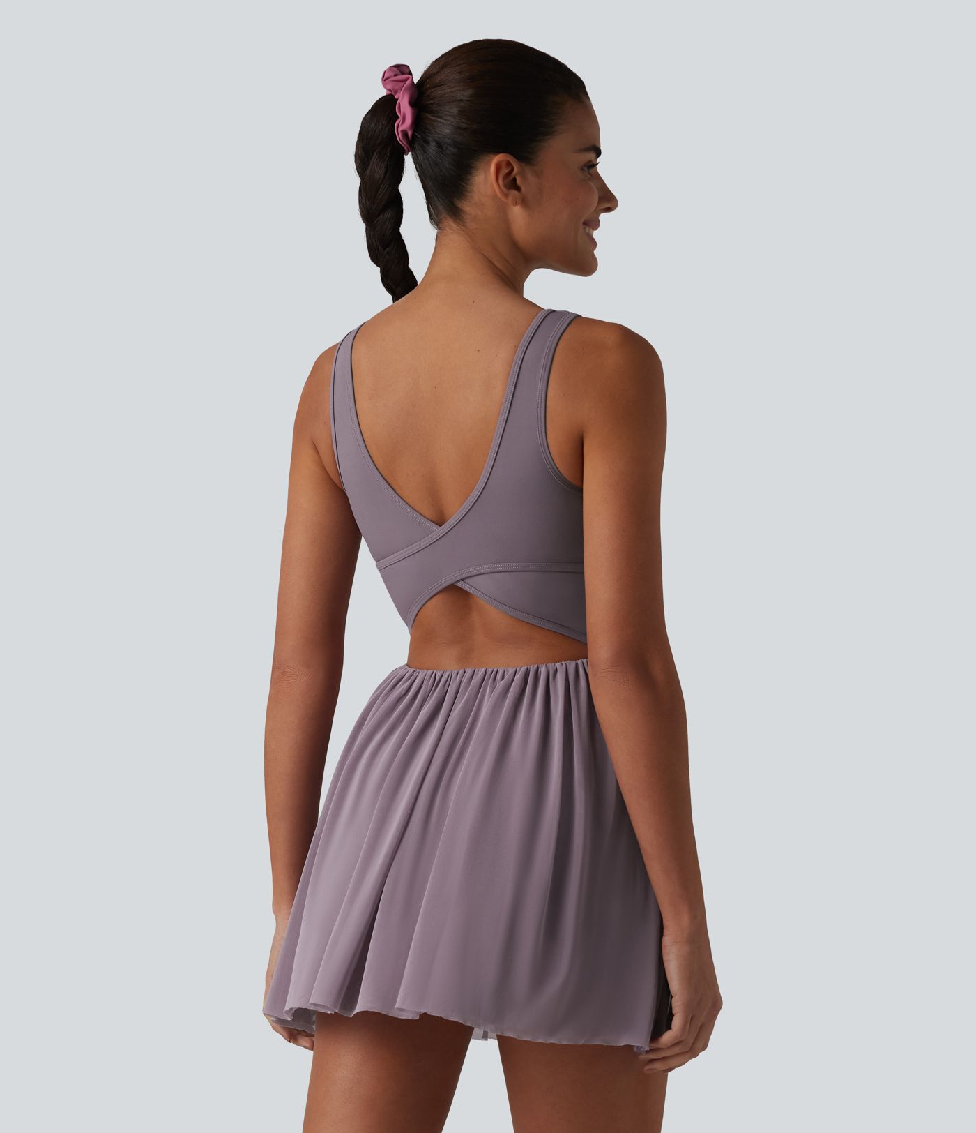 SoftlyZero™ Crisscross Backless Contrast Mesh 2-in-1 Built-in Bra Flowy Mini Tennis Active Dress with Pockets-Easy Peezy