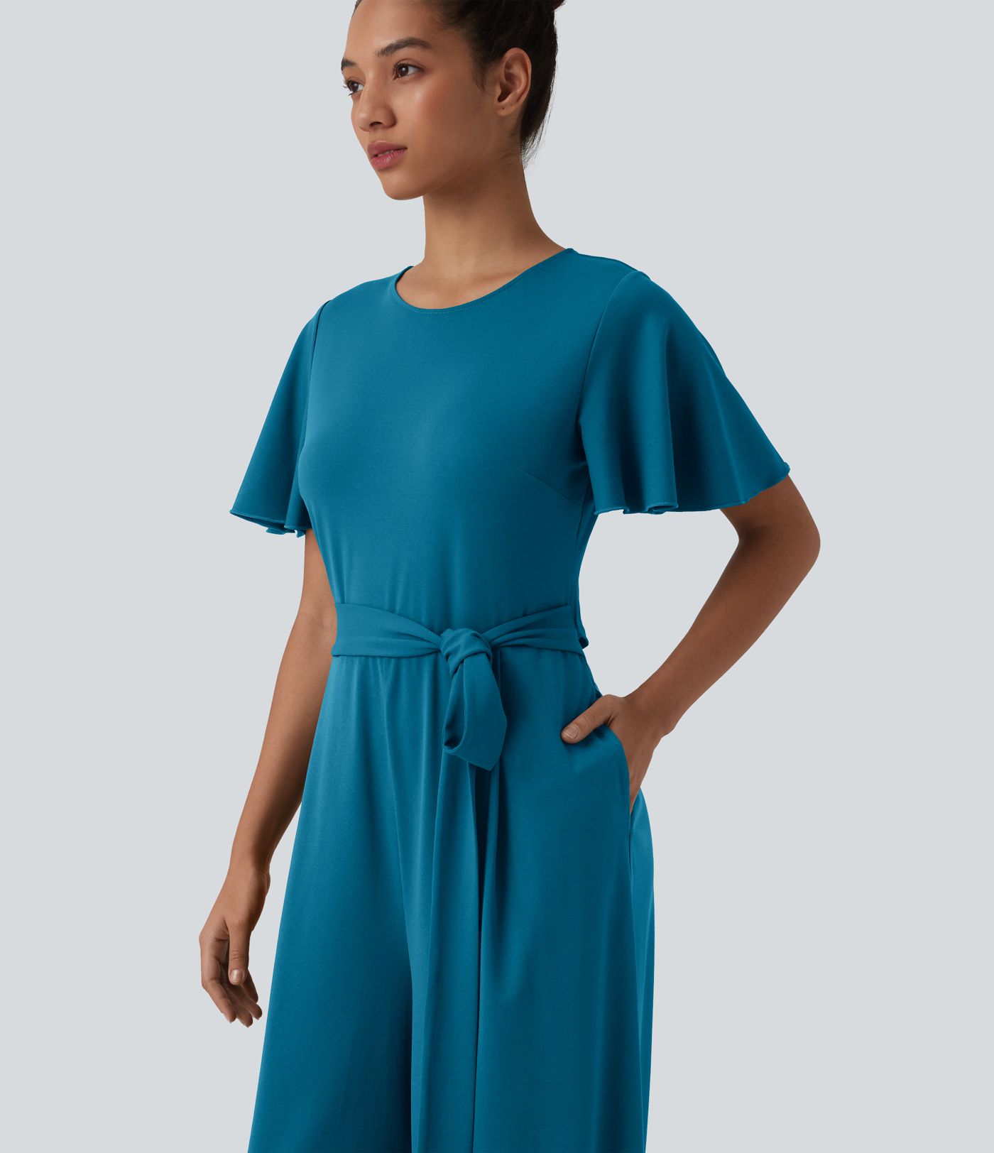 Round Neck Short Sleeve Tie Front Wide Leg Jumpsuit with Pockets-Easy Peezy Edition