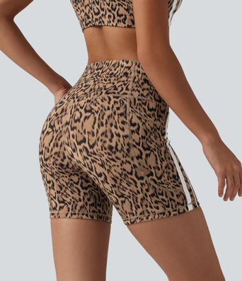 Halara UltraSculpt™ Leopard Print High Waisted Tummy Control Color Block Stripe Training Biker Shorts 5'' with Pockets