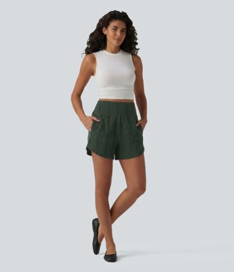 High Waisted Curved Hem Stripe Casual Shorts with Pockets High Waisted Curved Hem Stripe Casual Shorts with Pockets