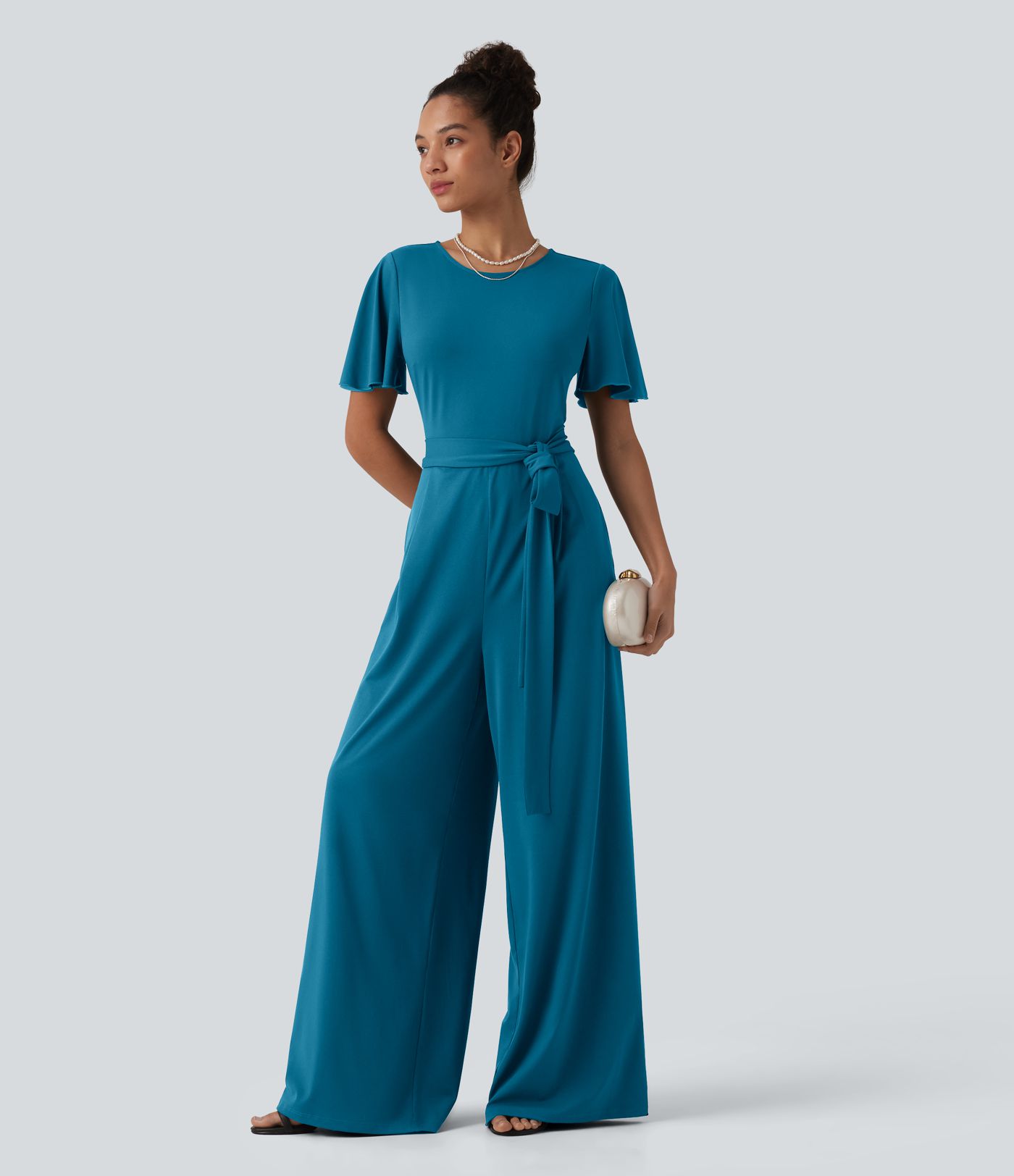 Round Neck Short Sleeve Tie Front Wide Leg Jumpsuit with Pockets-Easy Peezy Edition