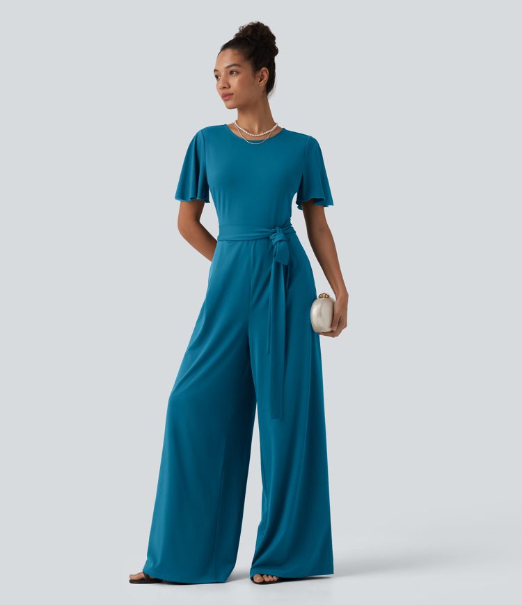 Round Neck Short Sleeve Tie Front Wide Leg Jumpsuit with Pockets-Easy Peezy Edition