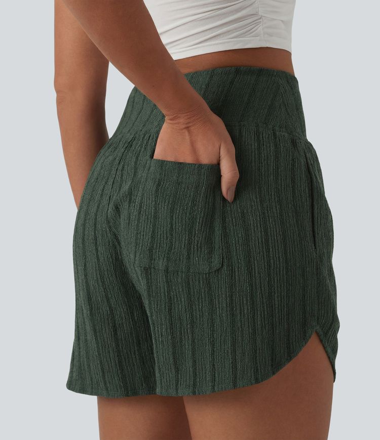 High Waisted Curved Hem Stripe Casual Shorts with Pockets High Waisted Curved Hem Stripe Casual Shorts with Pockets