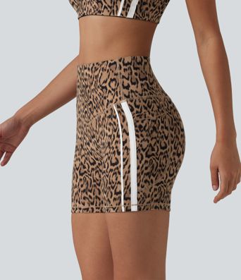 Halara UltraSculpt™ Leopard Print High Waisted Tummy Control Color Block Stripe Training Biker Shorts 5'' with Pockets