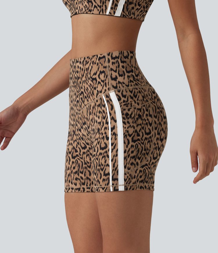Halara UltraSculpt™ Leopard Print High Waisted Tummy Control Color Block Stripe Training Biker Shorts 5'' with Pockets