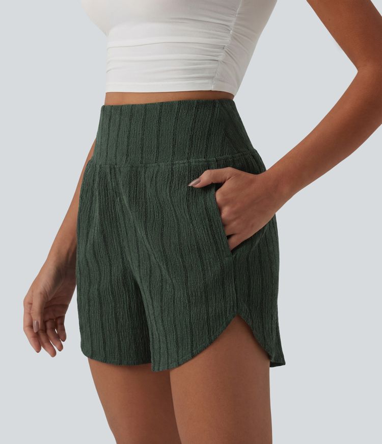 High Waisted Curved Hem Stripe Casual Shorts with Pockets High Waisted Curved Hem Stripe Casual Shorts with Pockets