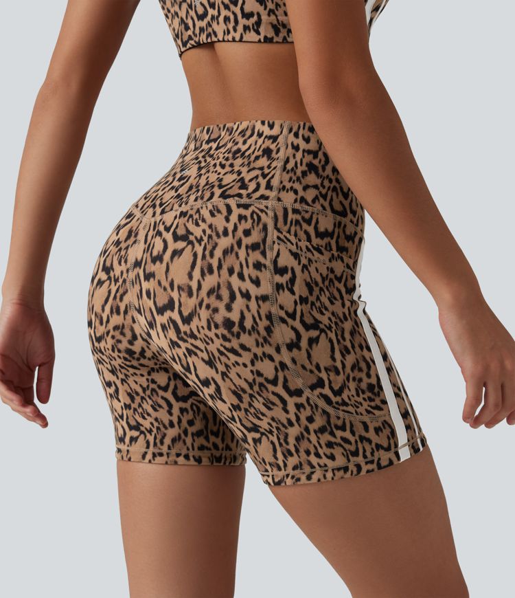 Halara UltraSculpt™ Leopard Print High Waisted Tummy Control Color Block Stripe Training Biker Shorts 5'' with Pockets