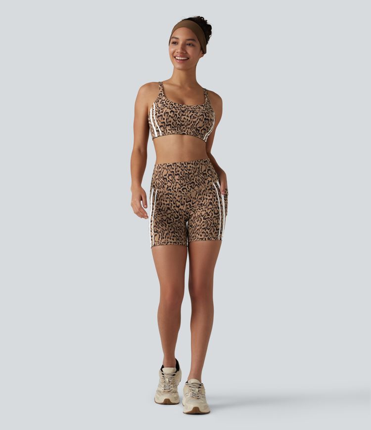 Halara UltraSculpt™ Leopard Print High Waisted Tummy Control Color Block Stripe Training Biker Shorts 5'' with Pockets